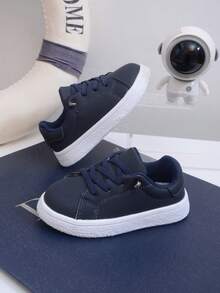 1 Paio di Sneaker Minimaliste per Bambini in Materiale PU, Decorazione con Lacci, Alla Moda e Confortevoli, Antiscivolo e Durevoli, Scarpe da Passeggio Leggere per Bambini, Adatte per Uso Quotidiano e Attività Fisica - Blu Navy - Visualizzare 2