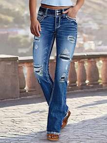 [Stretch Slim Fit]Retro Flare Ripped Jeans Women Mid Waist Elastic Bootcut Pants Fashion Denim Trousers - Dark Wash - View 1