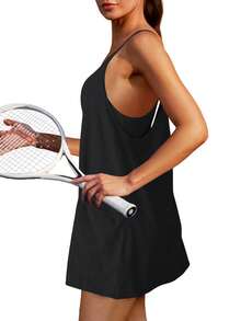 Women's Sleeveless Mini V-Neck Sundress With Spaghetti Straps, Athletic Short Dress With Pockets, Summer Casual Beach Dress For Travel, Dating, And Daily Wear  Holiday  Vacation    Casual - 黑色 - 查看 2
