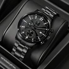 男士腕表，带日历功能，商务休闲风格，圆形表盘石英表，适合日常佩戴、返校季、毕业季、感恩节以及情侣装扮；是馈赠佳品；不含表盒 - 黑色 - 查看 1