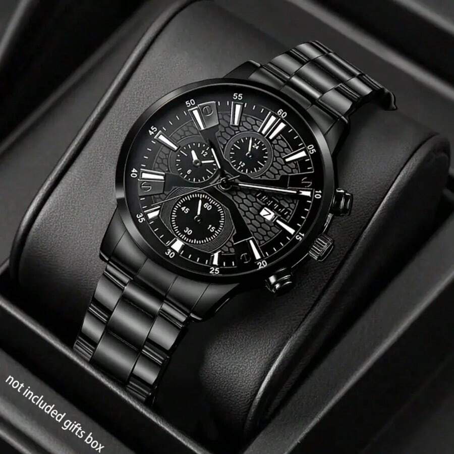 男士腕表，带日历功能，商务休闲风格，圆形表盘石英表，适合日常佩戴、返校季、毕业季、感恩节以及情侣装扮；是馈赠佳品；不含表盒 - 黑色 - 查看 1
