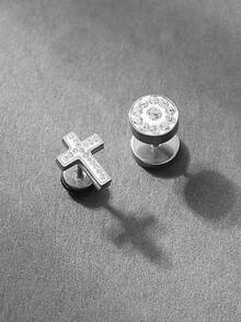 1 Pair Men's Hip Hop Fashion Rhinestone Stainless Steel Cross Geometric Stud Earrings, Suitable For Men's Daily, Party, Street, Nightclub, Punk Style Wear