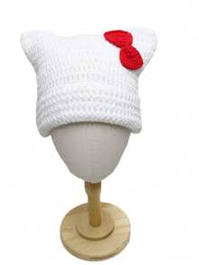 1pc Unisex Hand Knitted Cute Striped Cat Ear Beanie Hat, Autumn Winter Warm Ear Protective Handmade Striped Ski Mask Street Fashion Hip-Hop Couple Headwear - Multicolor - View 47