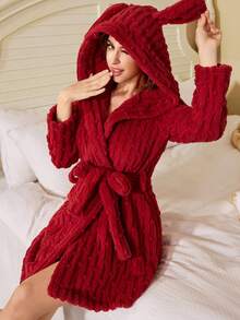 Áo choàng lông cừu trùm đầu có thắt lưng dành cho nữ, đồ mặc nhà dày ấm áp họa tiết sọc, mùa thu/đông, mềm mại, Giáng sinh, ấm áp - Đỏ - Xem 1