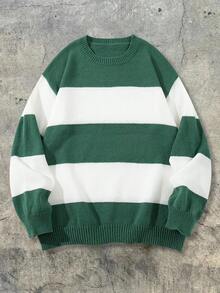 Seasonal New Striped Minimalist Drop Shoulder Crew Neck Long Sleeve Casual Loose Knit Pullover Unisex Top - Green - View 3