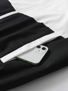 男士撞色运动套装（2件套），带帽印花外套，抽绳腰带，九分裤，适合休闲、户外运动、跑步、露营、徒步、骑行，春秋季穿着。 - 黑色 - 查看 10