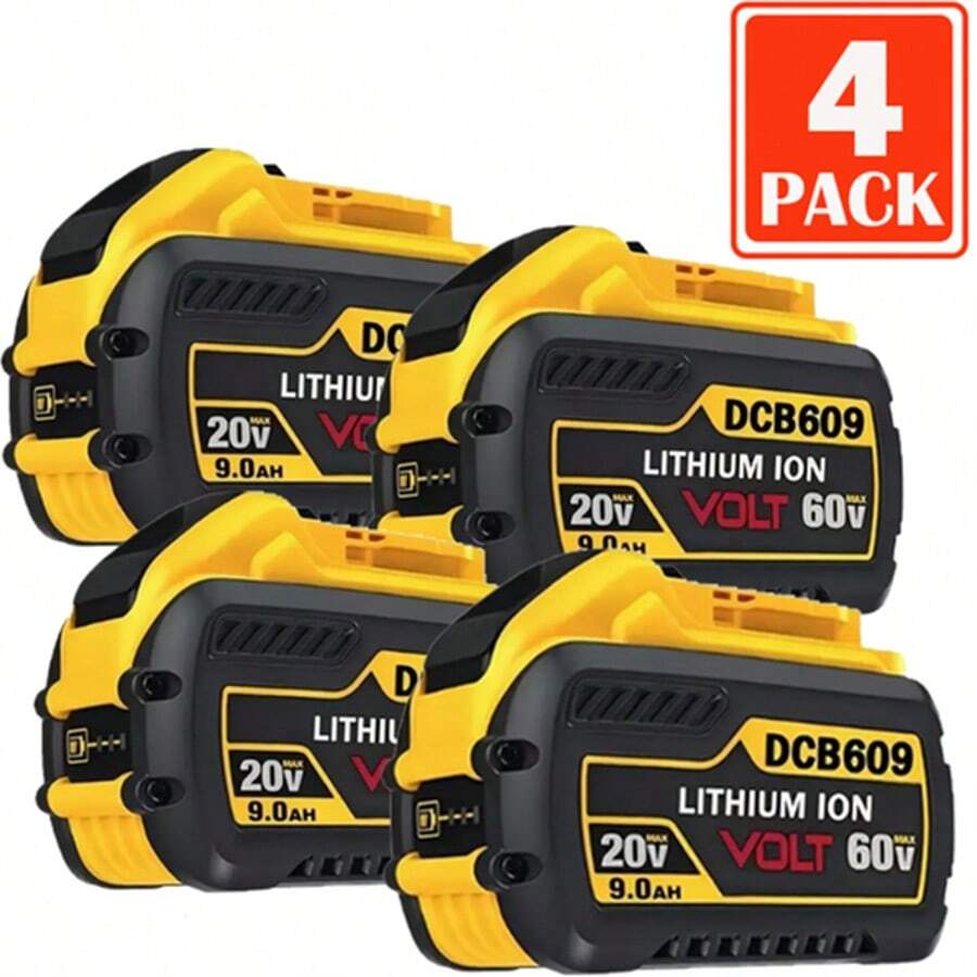 4pcs 9.0Ah DCB609 20V/60V Max Replacement Battery For 60V Battery DCB606 DCB612 Compatible With 20V/60V MAX Cordless Power Tools Lithium-Ion Battery Fit With 20V 60V Cordless Power Tools - 黃色 - 查看 1