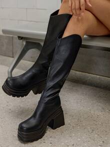 DareSee 女士V型过膝长靴，秋冬新款，弹性鞋面，后拉链，黑色高筒骑马靴，性感粗跟，仿皮外观，圣诞节冬季礼物 - 黑色 - 查看 6