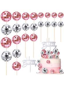 24个迪斯科球纸杯蛋糕装饰插牌，生日快乐蛋糕装饰，70年代复古蛋糕装饰，闪亮粉色迷你迪斯科球装饰，适合70年代80年代主题派对用品、婴儿派对、生日装饰（粉色和银色） - 彩色 - 查看 1