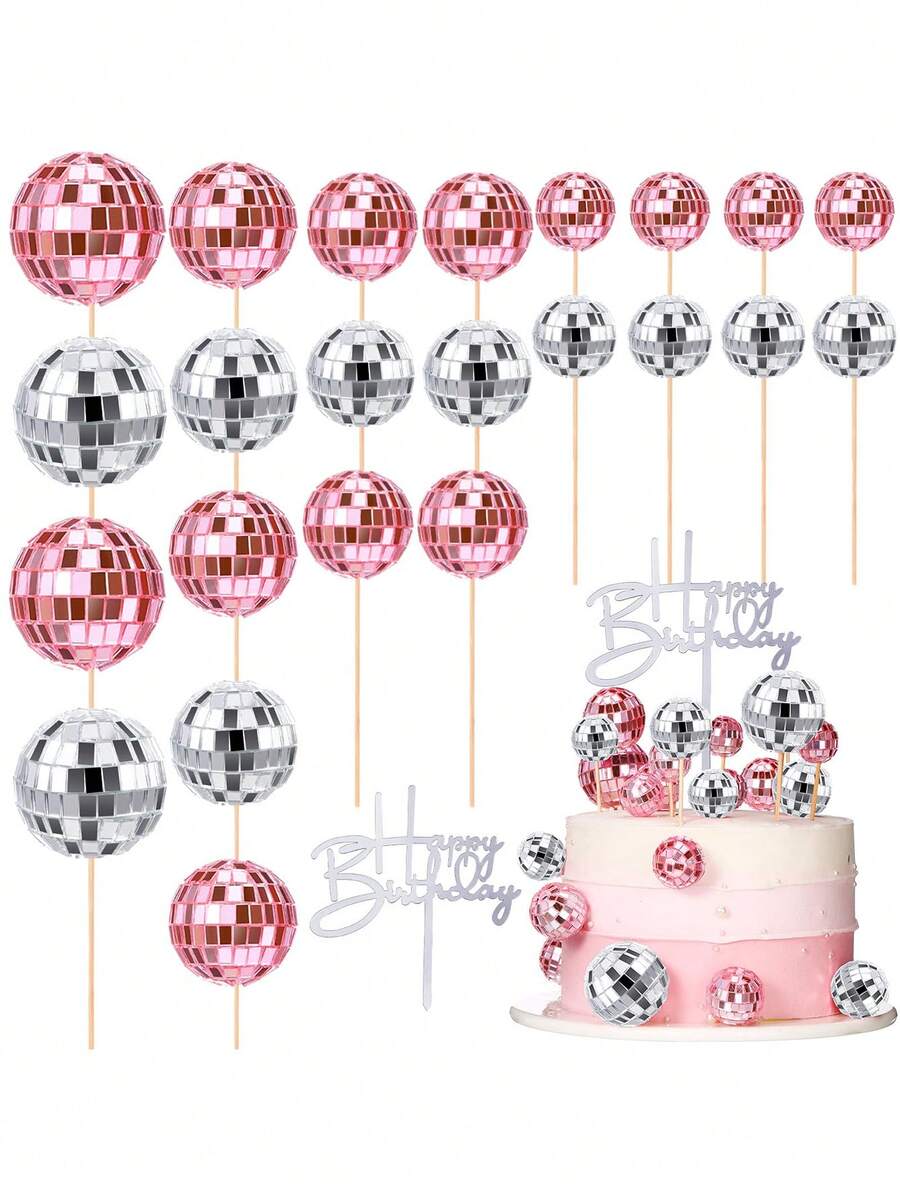 24个迪斯科球纸杯蛋糕装饰插牌，生日快乐蛋糕装饰，70年代复古蛋糕装饰，闪亮粉色迷你迪斯科球装饰，适合70年代80年代主题派对用品、婴儿派对、生日装饰（粉色和银色） - 彩色 - 查看 1