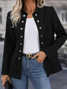 Women's Simple And Elegant Double-Breasted Button-Front Blazer - Women's Work Jacket. Stylish Long-Sleeved Jacket With Office-Style Faux Pockets. Black Polyester Jacket With Flap Pockets. Elegant Temperament Shows Unique Taste - màu đen - Xem 4