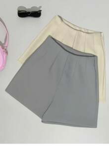 Short Feminino Cintura Alta com Zíper Lateral Elegance - Cinza - Visão 2