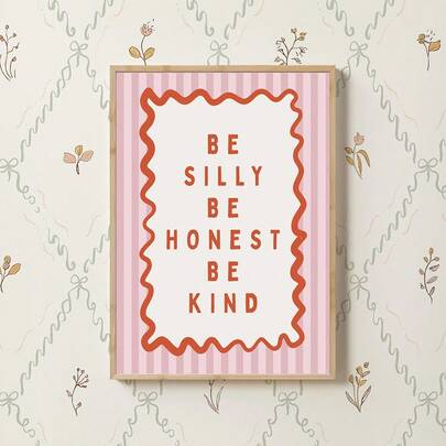 1pc Vintage Pink Canvas Wall Art With "Be Silly Be Honest Be Kind" Quote, Retro Striped Poster, Girly Decor Suitable For Nursery, Apartment, Kids Room, Gift For Her, Frameless Or Framed Option