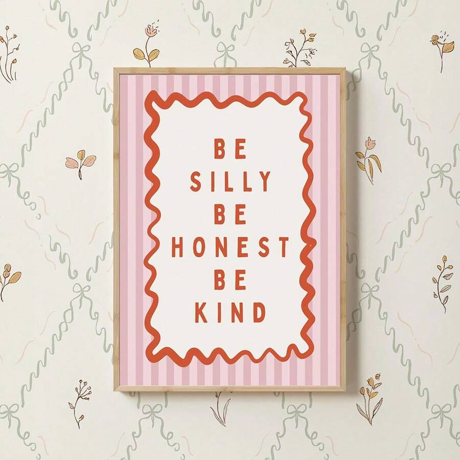 1幅复古粉色帆布墙画，印有“保持童真，诚实待人，善良待人”字样，复古条纹海报，少女风装饰，适合婴儿房、公寓、儿童房，可作为送给她的礼物，可选无框或有框。 - 彩色 - 查看 1