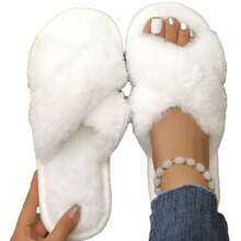 Women's Crossed Strap Fluffy Slippers, Soft And Warm Furry Home Shoes With Open Toe And Comfortable Outdoor Wear, Breathable