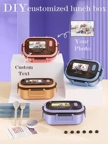 Kotak Bekal Makan Siang dengan Foto Kustom, Dilengkapi Garpu dan Sendok, 3 Kompartemen, Kotak Bekal dengan Peralatan Makan, Wadah Saus, Alas Pancake, Aman untuk Microwave dan Mesin Pencuci Piring - MultiWarna - View 2