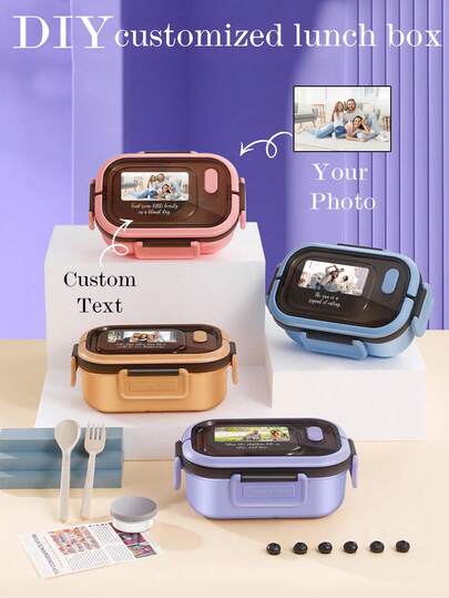 Personalized Customized Photo Lunch Box Fork, Spoon), Adult Or Child Boy And Girlcontainers, 3 Compartments, Lunch Food Container With Cutlery, Sauce Jar, Pancake Liner, Microwave And Dishwasher , Back To School Lunch Box To Avoid Confusion