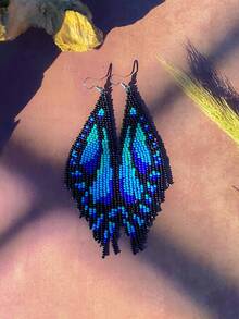 1 Pair Women's Fashion Beaded Earrings, Bohemian Style, Vintage, Animal & Insect Pattern, Blue & Orange Butterfly Shape, Tassel Pendant Swaying, Elegant Charm Fashion Accessory, Handmade, Suitable For Women, Couples Daily Wear/Daily Gift, Suitable As Holiday Gift