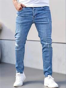 Pantalones vaqueros elásticos ajustados para hombre, pantalones vaqueros ajustados. - Azul - Ver 1