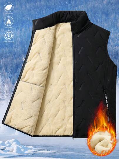 Men's Sleeveless Puffy Vest , Comfortable, Suitable For Running And Outdoor Sports, With Multiple Pockets, Black Collar Design, Casual Layering Piece , Zip-Up Front Vest , Polyester Vest, Fall/Winter