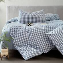 Vclife Vintage Floral Comforter Set Four Sizes, All Seasons Muslin Cotton Bedding Set, 3 Pieces Farmhouse Shabby Chic Jacquard Floral Comforter Set Perfect For Women And Men - 胖被套裝-天藍小格 - 查看 5
