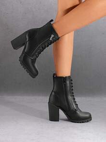 Women's Combat Ankle Boots Chunky Heel Lace Up Fashion Heeled Booties - 黑色 - 查看 2