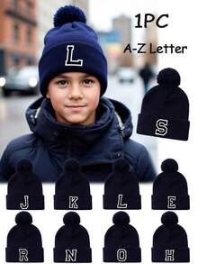 1pc Kids 26 Alphabet Print Knitted Hat, Warm Winter Daily Wear For Baby Girls - Navy Blue - View 1