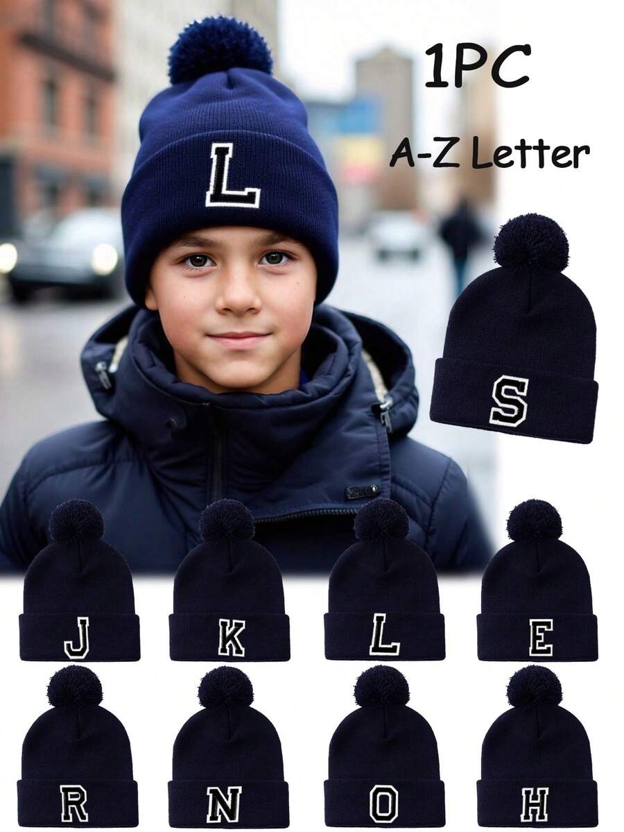 1pc Kids 26 Alphabet Print Knitted Hat, Warm Winter Daily Wear For Baby Girls - Navy Blue - View 1