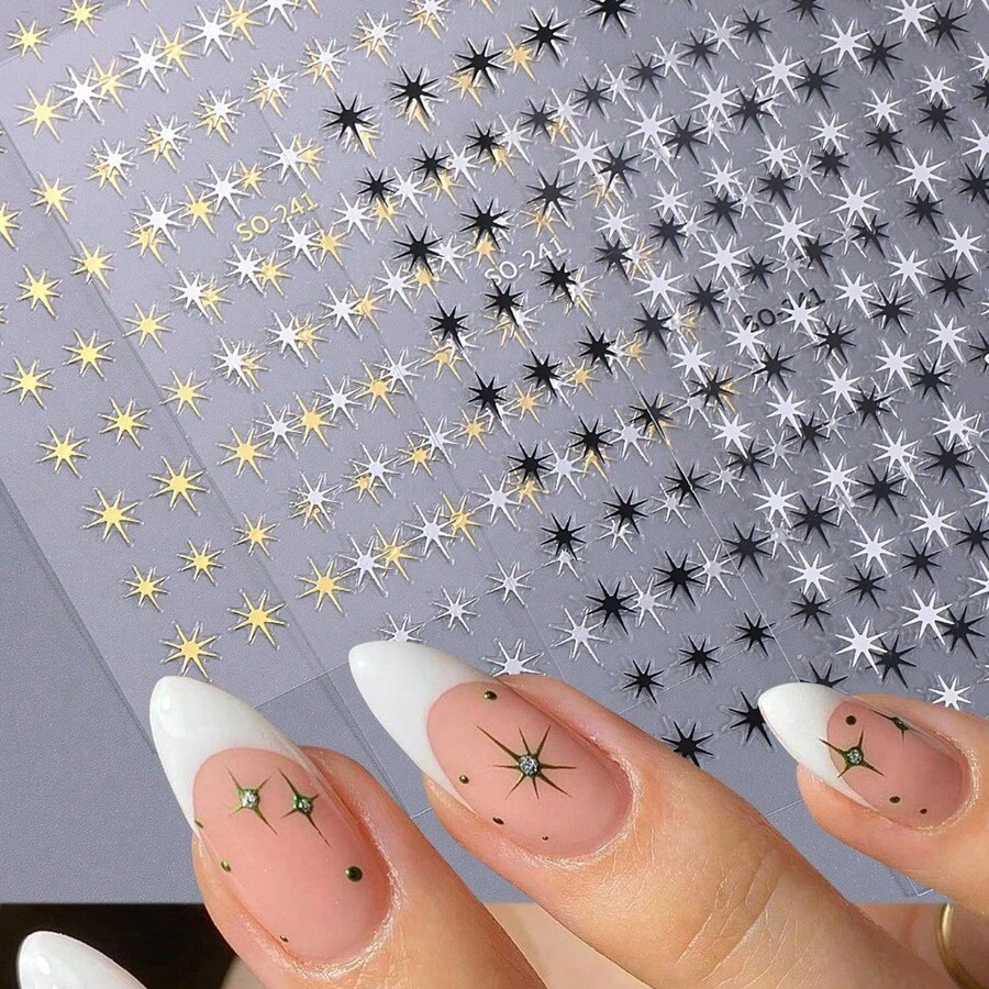 4pcs 3D Star Nails Art Stickers Starlight Stylish Y2K Styles Self Adhesive Decals Nail Sliders Black White Golden Silvery Stickers For Women Girls Luxury Manicure Decoration - 彩色 - 查看 1