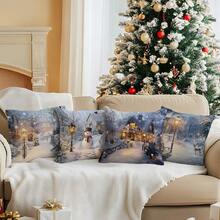 4pcs Christmas Snowy Landscape Printed Pillow Cover Set - Peach Velvet Pillow Case 45*45cm