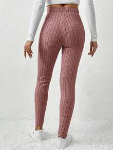 Autumn And Winter Solid Color Slim Fit High Waist Solid Color Knit Ribbed Knit Elastic Fleece Large Ribbed Waist Leggings Stage And Concert Home Women's Style Cool European And American Style! - Pink - View 2