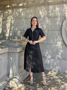 Rivera. Plain Short Sleeve Midi Dress WOMEN'S FASHION Summer - màu đen - Xem 6