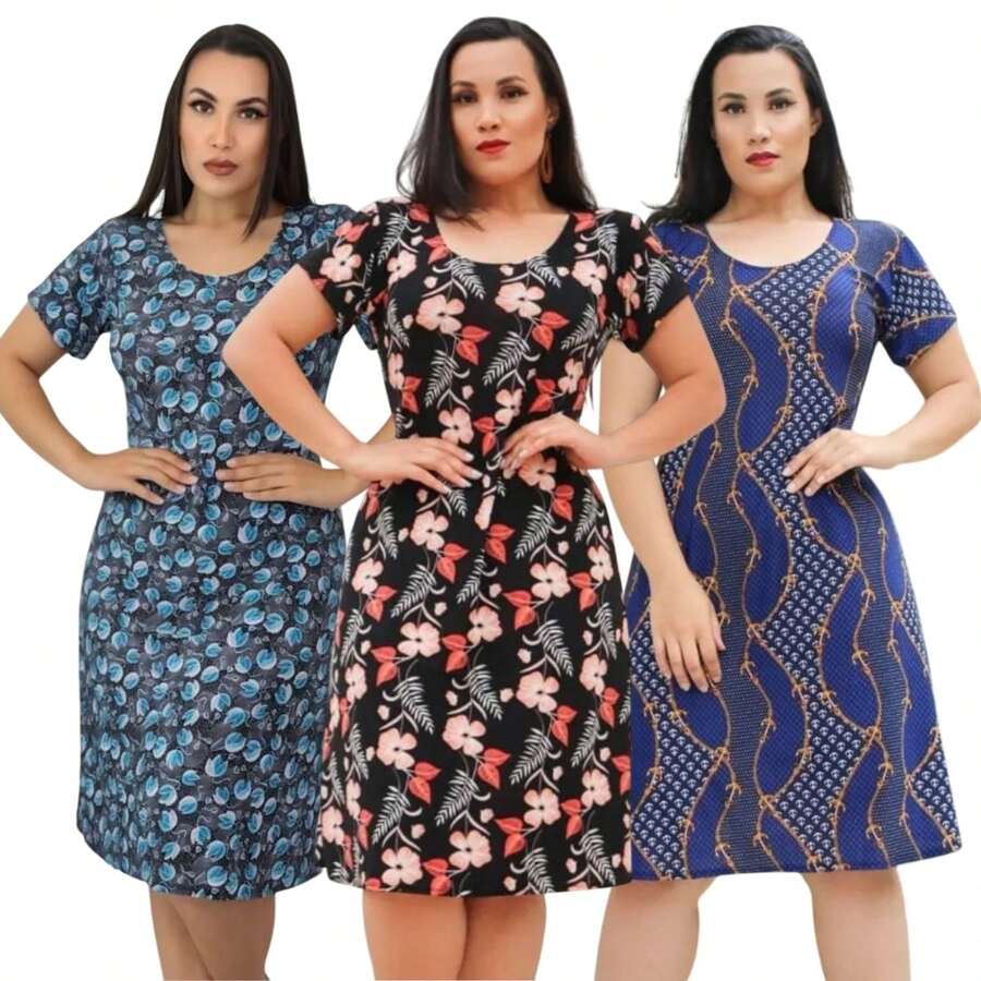 Kit With 3 Women's Printed Liganete Dresses Loose Evangelical Fashion - 彩色 - 查看 1