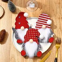 6 piezas Portacubiertos Navideño - Organizador de cubiertos de tela con diseño de Papá Noel y enanito con acentos en forma de corazón, con patrones a rayas rojas y blancas y de lunares, para decoración navideña de la mesa, decoración de mesa navideña, cubiertos no incluidos - Multicolor - Ver 3