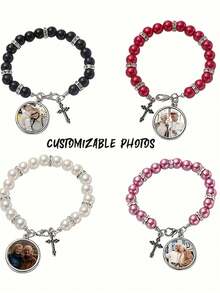 1 Pulsera personalizada con foto - Pulsera de diseño de perlas falsas - Joyería personalizada con foto de familia/pareja/mascota, pulsera elegante y vintage con cuentas. Disponible en negro, rojo, blanco, morado. El regalo perfecto para ella/él, adecuado para aniversario, Navidad, Halloween, Acción de Gracias, Año Nuevo, cumpleaños o como accesorio de . Con diseño clásico y adornos brillantes.