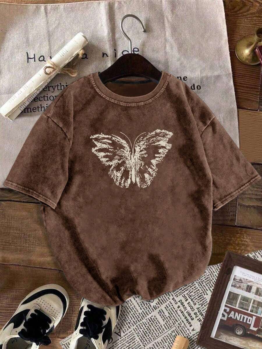 Men's Casual Washed T-Shirt, Cartoon Butterfly Pattern, Loose Fit, Suitable For Daily Wear In Summer - 咖啡棕 - 查看 1