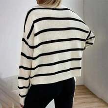 1 pezzo Maglione a costine con contrasto di colore a righe, stile casual college, adatto per autunno/inverno, abbigliamento esterno da donna taglie forti - Bianco - Visualizzare 5