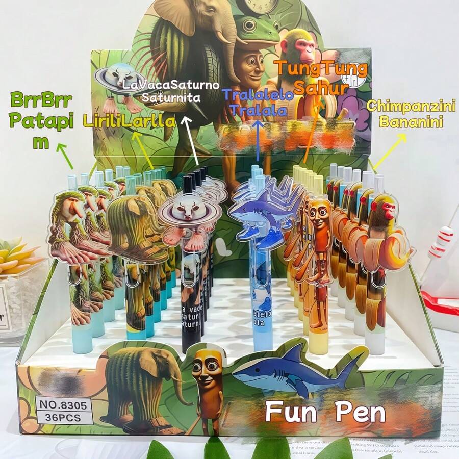 6/10pcs Foreign Mountain And Sea Classic Neutral Pen, Elementary School Student Version Ballpoint Pen, Divine Beast Doll Pen, Wooden Stick Man Shark Pen, Suitable For Office And Holiday Gifts, Birthday Gifts, Etc
