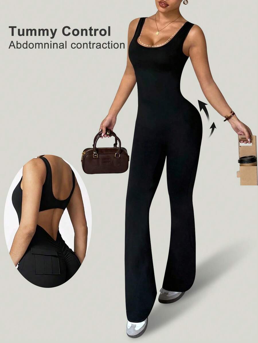 Women Backless Halter Vintage Flare Leg Jumpsuit, Bodycon Jumpsuit Flared Leggings Jumpsuit With Pocket - 黑色 - 查看 1