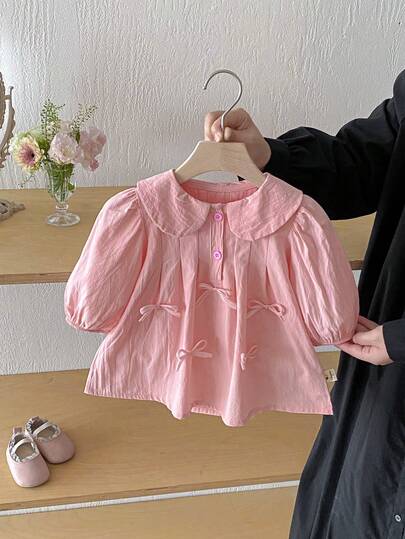 女婴纯色蝴蝶结装饰可爱长袖连衣裙，秋季