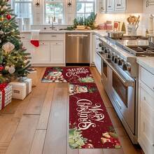 1/2 pièces Tapis de sol de Noël, fond rouge luxueux orné de bonhommes de neige blancs, de cloches dorées et de motifs de cadeaux de Noël. Tapis de sol de cuisine thème Joie, décoration d'atmosphère de Noël, parfait pour le bureau, la cuisine, la chambre, la décoration de la maison, créant une atmosphère joyeuse et exquise. - Multicolore - Voir 8