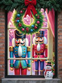 1 pièce Livre de l'histoire du Casse-Noisette rouge et or, décor de fenêtre de Noël, 80 cm * 120 cm, style fantaisie des vacances, décoration de fenêtre rectangulaire avec village enneigé, lumières scintillantes, boules de Noël, scène de nuit sous la lune, convient pour la décoration intérieure/extérieure de la maison, théâtre, fête de Noël et d'hiver