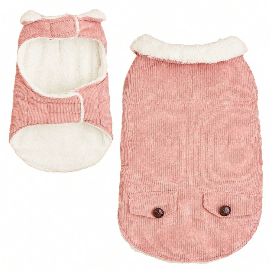 1pc Button Decor Pocket Corduroy Padded Warm Pet Jacket With Adjustable Waist & Chest Hook-And-Loop Design, Suitable For Various Body Types Cats/Dogs Autumn Winter Coat - Pink - View 1