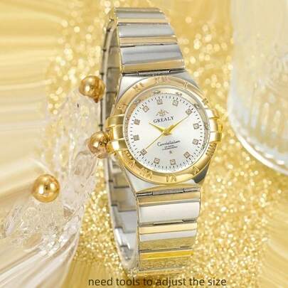 1 件经典商务石英女士手表，采用金银不锈钢表带、防水设计和水钻表盘，非常适合日常装饰