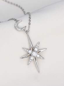 XUJIA 1PC Fashion Elegant Star&Moon Moissanite Pendant Necklace 925 Sterling Silver 3mm&2mm&1mm(0.28ctw) Necklace For Women Birthday Anniversary Valentine's Day Wedding Engagement Jewelry Gifts
