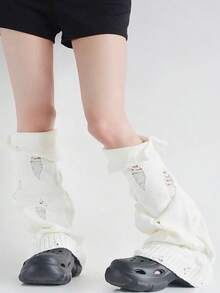 Harajuku Subculture Distressed Y2K Style High Value Babe Side Slit Cuff Knit Layered Sock Sheath Over Knee Long Length Lazy Street Design - 白色 - 查看 3