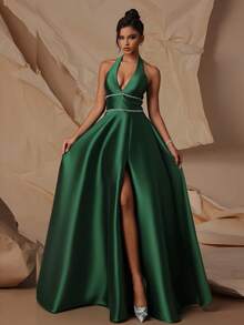 VIPGIRL Robe de soirée élégante pour femme sans manches, dos nu, à bretelles spaghetti, décorée de sequins contrastés, fente haute sur la cuisse, en tissu tissé long dos nu - Vert - Voir 3