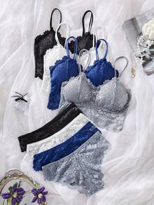 4PCS Women's Lace Non-Wire Bra And Panties Set Transparent Low Rise Briefs Ultra-Thin Comfort Underwear Female Bralette Lingerie - 彩色 - 查看 1