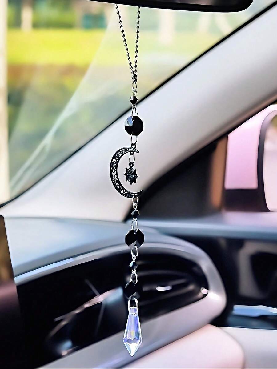 Halloween Gothic Car Rearview Mirror Hanging Ornament Black Moon Spider Web Crystal Suncatcher For Car Interior Decoration - Black - View 1