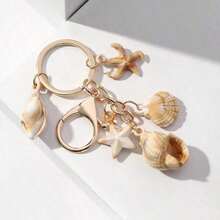 1pc Unisex Natural Dual-Tone Seashell Keychain, Cloud Spiral Shell & Starfish Pendant, Summer Beach Series Gift For Friends, Keychain Accessory - Kaki 3 - Xem 3